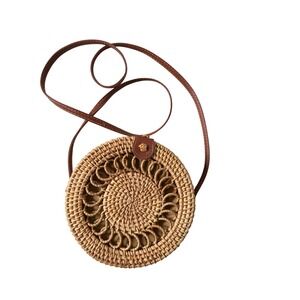 Unbranded Round Rattan Crossbody Bag Womens Medium Tan Excellent Woven Boho